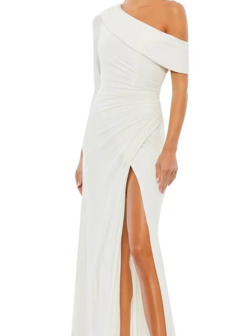 One-Shoulder Long Sleeve White Evening Gown